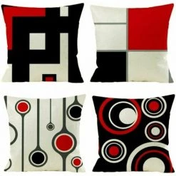 CLEGGFR Housse De Coussin, Lot De 4 En Coton Et Lin Moderne Noir Rouge Géométrique Modèle Décoratif Taie D'oreiller Décoration Pour Canapé Chambre Maison 45 X 45 Cm,LO-Ron