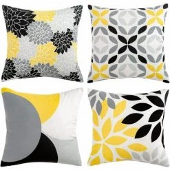 MINKUROW Housse De Coussin Décoratif 45 X 45 Cm Souple Durable Taie D'oreiller Carré , Jaune Gris Et Noir, 4 Pièces,