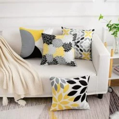 MINKUROW Housse De Coussin Décoratif 45 X 45 Cm Souple Durable Taie D'oreiller Carré , Jaune Gris Et Noir, 4 Pièces, -France Coussin et housse de coussin Soldes Boutique 63693869 3