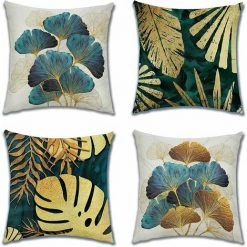 SINCèREETALI Housse De Coussin, Lot De 4 En Lin Canapé Taie D'oreiller Pour Maison Salon Chambre Décoration D'intérieur, 45x45cm (Ginkgo Biloba)