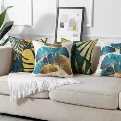 SINCèREETALI Housse De Coussin, Lot De 4 En Lin Canapé Taie D'oreiller Pour Maison Salon Chambre Décoration D'intérieur, 45x45cm (Ginkgo Biloba) -France Coussin et housse de coussin Soldes Boutique 63816787 3