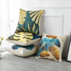 SINCèREETALI Housse De Coussin, Lot De 4 En Lin Canapé Taie D'oreiller Pour Maison Salon Chambre Décoration D'intérieur, 45x45cm (Ginkgo Biloba) -France Coussin et housse de coussin Soldes Boutique 63816787 4
