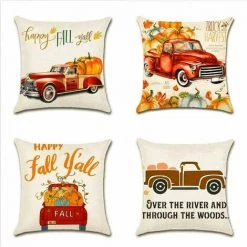 DECKON Thanksgiving Day Housse De Coussin, Lot De 4 L'automnCoton Et Lin Décoratif Taie D'oreiller Canapé Voiture Maison Décor Housses De Coussin 45 X 45 Cm (Citrouille Avec Camion)