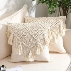 BAICCCF Coussin Et Housse De Coussin Housses De Coussin Crème, Taie De Coussin En Macramé, Housse De Coussin Tissée Boho Pour Lit, Canapé, Banc, Voiture, Décoration D'intérieur, Taies D'oreiller Carrées Confortables Avec Glands, Lot De 2 Taies D'oreiller Décorati