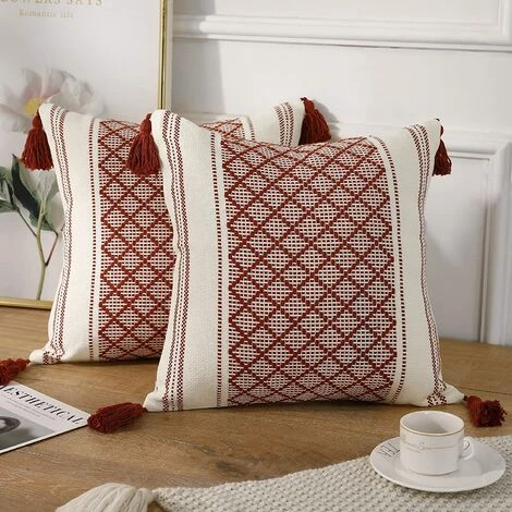 BAICCCF Coussin Et Housse De Coussin Lot De 2 Housses De Coussin Décoratives Tricotées En Coton Bohème Avec Pompon Rouille Et Blanc, Accent Moderne Ferme Classique Jacquard Squard Taie D'oreiller Housse De Coussin Pour Canapé Canapé, 45 X 45 Cm - Rouiller 1 BAICCCF Coussin Et Housse De Coussin Lot De 2 Housses De Coussin Décoratives Tricotées En Coton Bohème Avec Pompon Rouille Et Blanc, Accent Moderne Ferme Classique Jacquard Squard Taie D'oreiller Housse De Coussin Pour Canapé Canapé, 45 X 45 Cm - Rouiller