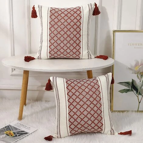 BAICCCF Coussin Et Housse De Coussin Lot De 2 Housses De Coussin Décoratives Tricotées En Coton Bohème Avec Pompon Rouille Et Blanc, Accent Moderne Ferme Classique Jacquard Squard Taie D'oreiller Housse De Coussin Pour Canapé Canapé, 45 X 45 Cm - Rouiller 2 BAICCCF Coussin Et Housse De Coussin Lot De 2 Housses De Coussin Décoratives Tricotées En Coton Bohème Avec Pompon Rouille Et Blanc, Accent Moderne Ferme Classique Jacquard Squard Taie D'oreiller Housse De Coussin Pour Canapé Canapé, 45 X 45 Cm - Rouiller – Image 2