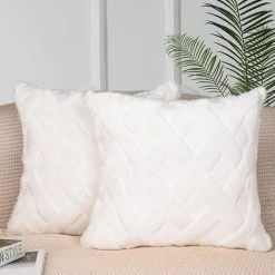 BAICCCF Coussin Et Housse De Coussin Lot De 2 Housses De Coussin Blanches 50 X 50 Cm, Housses De Coussin Décoratives De Ferme Avec Taies D'oreiller Carrées En Velours De Laine De Luxe Pour Canapé, Chambre à Coucher, Voiture - Blanc