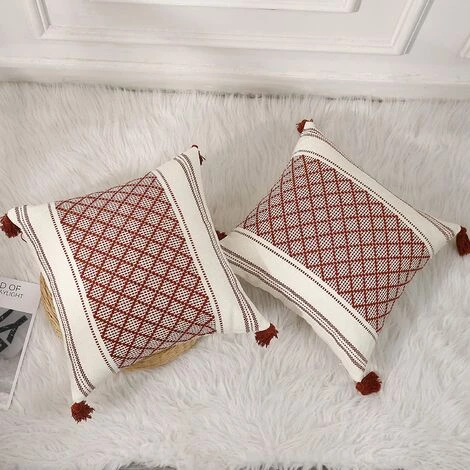 BAICCCF Coussin Et Housse De Coussin Lot De 2 Housses De Coussin Décoratives Tricotées En Coton Bohème Avec Pompon Rouille Et Blanc, Accent Moderne Ferme Classique Jacquard Jacquard Taie D'oreiller Housse De Coussin Pour Canapé Canapé, 50 X 50 Cm - Rouiller 3 BAICCCF Coussin Et Housse De Coussin Lot De 2 Housses De Coussin Décoratives Tricotées En Coton Bohème Avec Pompon Rouille Et Blanc, Accent Moderne Ferme Classique Jacquard Jacquard Taie D'oreiller Housse De Coussin Pour Canapé Canapé, 50 X 50 Cm - Rouiller – Image 3