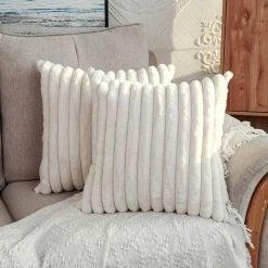 BAICCCF Coussin Et Housse De Coussin Lot De 2 Housses De Coussin Décoratives En Fausse Fourrure En Peluche à Rayures Floues Taies D'oreiller Douces Pour Canapé Canapé Chambre 45 X 45 Cm - Blanc Crème -France Coussin et housse de coussin Soldes Boutique 64107479 3