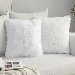 CARILLONSàVENT Lot De 2 Housse De Coussin De Canapé Fourrure De Luxe Decoration Canapé Maison Chambre Lit Super Doux Peluche Taie D'oreiller Décorative 40X40cm 16X16 Pouces,Blanc Carivent