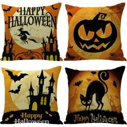 REGALI 4 Pièces Halloween Sorcière Citrouille Housse De Coussin Impression Jeter Taie D'oreiller Taie D'oreiller Maison Canapé-lit Décor 45 X 45 Cm (A)