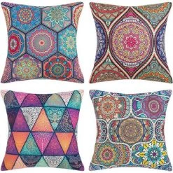 MONLY Housses De Coussin 45 X 45 Cm Taies D'oreiller Bohème Mandala Floral Taies D'oreiller Coton Lin Carré Extérieur Décoratif Moderne Hippie Art Taies D'oreiller Pour Canapé Canapé Pack De 4