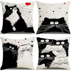 PERLE RARE Housse De Coussin 45x45, Lot De 4 Coton Et Lin Décoratif Canapé Home Decor Taie D'oreiller Super Doux Decoration Maison Salon Chambre Pour Canapé（Chat Noir）