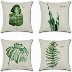 PERLE RARE Lot De 4 Housse De Coussin 45 X 45 Cm Polyester Et Lin Décoratif Taie D'oreiller De Voiture Canapé Maison Décor Housses De Coussin (Feuille Verte Simple)