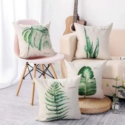 PERLE RARE Lot De 4 Housse De Coussin 45 X 45 Cm Polyester Et Lin Décoratif Taie D'oreiller De Voiture Canapé Maison Décor Housses De Coussin (Feuille Verte Simple) -France Coussin et housse de coussin Soldes Boutique 64468937 4