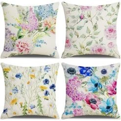 PERLE RARE Housse De Coussin 45x45, Lot De 4 Coton Et Lin Décoratif Canapé Home Decor Taie D'oreiller Super Doux Decoration Maison Salon Chambre Pour Canapé（Herbe De Chrysanthème）