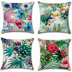 PERLE RARE 4 Pcs Housses De Coussin 45 X 45 Cm, Carré Coussin Décoratif Taie D'oreiller Canapé Housse Coussin Coton Lin Décoration Maison Pour Lit Chambre Salon Bureau Voiture Tropical Feuilles Fleurs Motif