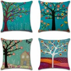 THSINDE 4 Pièces Plante Feuille Housse De Coussin Motif Géométrique Canapé Taie D'oreiller Maison Salon Chambre Décoration Arbre 45x45cm