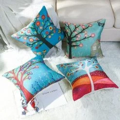 THSINDE 4 Pièces Plante Feuille Housse De Coussin Motif Géométrique Canapé Taie D'oreiller Maison Salon Chambre Décoration Arbre 45x45cm -France Coussin et housse de coussin Soldes Boutique 64532700 4