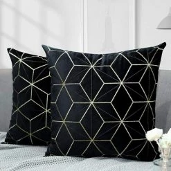 MINKUROW Housse De Coussin En Velours, 2 Pcs Taie D'Oreiller Carrée Avec Motif Géométrique Brodé Doré, Taie D'Oreiller Douce Housse De Coussin Pour Voiture Canapé Salon, 45 X 45 Cm - Noir
