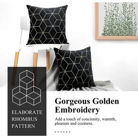 MINKUROW Housse De Coussin En Velours, 2 Pcs Taie D'Oreiller Carrée Avec Motif Géométrique Brodé Doré, Taie D'Oreiller Douce Housse De Coussin Pour Voiture Canapé Salon, 45 X 45 Cm - Noir 3 MINKUROW Housse De Coussin En Velours, 2 Pcs Taie D'Oreiller Carrée Avec Motif Géométrique Brodé Doré, Taie D'Oreiller Douce Housse De Coussin Pour Voiture Canapé Salon, 45 X 45 Cm - Noir – Image 3