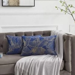 MINKUROW Housse De Coussin 30 X 50 Cm Velours Feuilles D'or Housses De Coussin Bleu Décoratif Housse De Coussin Jeter Oreiller Pour Canapé Chambre Salon Ensemble De 2