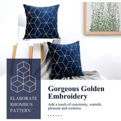 MINKUROW Housse De Coussin En Velours, 2 Pcs Taie D'oreiller Carrée Avec Motif Géométrique Brodé Doré, Taie D'oreiller Douce Housse De Coussin Pour Voiture Canapé Salon, 45 X 45 Cm - Bleu Marine -France Coussin et housse de coussin Soldes Boutique 64682555 3