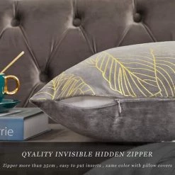 MINKUROW Housse De Coussin 45 X 45 Cm Velours Feuilles D'or Housses De Coussin Gris Décoratif Housse De Coussin Jeter Oreiller Pour Canapé Chambre Salon Ensemble De 2 -France Coussin et housse de coussin Soldes Boutique 64682645 3
