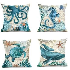 HEGUYEY Extérieur Housse De Coussin, Lot De 4 Imperméable La Vie Marine Bleue Motif Canapé Taie D'oreiller Pour Patio Jardin Salon Chambre Décoration, 45x45cm