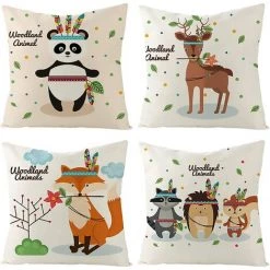 BEARSU Housses De Coussin Lin, Animaux De Dessin Animé Coloré, Décoratif Canapé Taie D'oreiller Decoration Canapé D'extérieur Pour Chambre, Chambre D'enfants, Chaise, Lit, Jardin 45x45CM, Set De 4