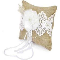 PERLE RARE Coussin Oreiller Porteur De Bague Alliance En Jute Vintage Orné De Dentelle Et Fleur 20cmx20cm