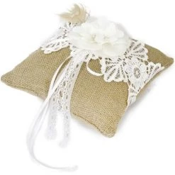 PERLE RARE Coussin Oreiller Porteur De Bague Alliance En Jute Vintage Orné De Dentelle Et Fleur 20cmx20cm -France Coussin et housse de coussin Soldes Boutique 65177463 5