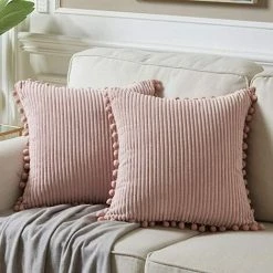 BF 2pcs Sofa Pillowcase 45x45cm, Elegant Cushion Cover With Pom Pom, Decorative Pillow Double Bed, No Stuffing Pink