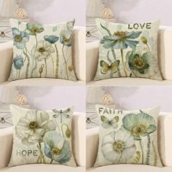 Housse De Coussin Lot De 4 Taie D'oreiller En Lin Fleur Bleue Et Blanche Libellule Papillon Décoration Taie D'oreiller 45x45cm Canapé Chambre Lit Ferme Jardin Décoration Housse De Coussin (pas De Noyau D'oreiller) S'arêern