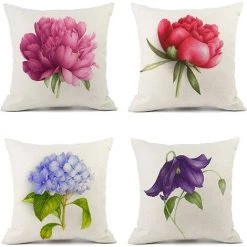 OSQI Lot De 4 Housses De Coussin En Lin D'extérieur Avec Motif De Fleurs Décoration Pour Chambre, Salon, Canapé, Canapé De Balcon, Jardin, 45 X 45 Cm