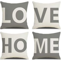 OSQI Housse De Coussin Lot De 4 45 X 45 Cm Love Home Taie D'oreiller Décorative En Coton Et Lin Pour Lit Maison Voiture Salon Chambre Pour Canapé Chambre Jardin