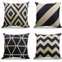 OSQI Lot De 4 Housses De Coussin De Canapé Housse De Coussin De Canapé Housses De Coussin De Canapé Décoratives Housse De Coussin En Lin D'extérieur Décoration Pour Chambre à Coucher, Canapé, Lit, Jardin (noir-beige, 45x45cm)