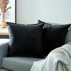 MERéTéET Lot De 2 Housse De Coussin 45x45cm Décoratif Canapé En Chenille Housses Coussin Decoration Chambre Carré Couleur Uni Pour Chaise,Voiture,Bureau, Noir