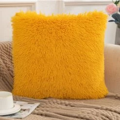 YIENJAOY Lot De 2 Housse De Coussin De Canapé Fourrure De Luxe Decoration Canapé Maison Chambre Lit Super Doux Peluche Taie D'oreiller Décorative 40X40cm 16X16 Pouces, Jaune Vif