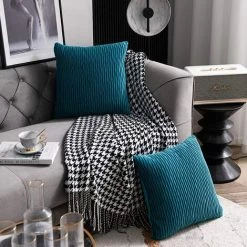 YIENJAOY Taie D'oreiller Turquoise 50cmx50cm: Lot De 2 Housses De Coussin Décoratif Carré En Velours Rayé Original Pour Canapé De Chambre -France Coussin et housse de coussin Soldes Boutique 65809553 3