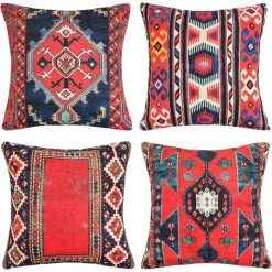 YIENJAOY 40 Cm X 40 Cm Housses De Coussin En Coton Et Lin Tapis Turc Imprimé Motif Oriental Taies D'oreiller Décoratives Ethnique Style Pour Patio Extérieur Jardin Blench Salon Canapé Ferme ,Lot De 4 ,16x 16