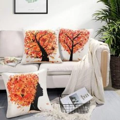 YIENJAOY Lot De 4 Housse De Coussin Orange Arbre Forme De Coeur Lin Carré Doux Abstrait Automne Taie D'oreiller 45x45cm Pour La Décoration De La Maison Canapé Bureau Chambre Décoration -France Coussin et housse de coussin Soldes Boutique 65809562 3