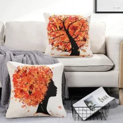YIENJAOY Lot De 4 Housse De Coussin Orange Arbre Forme De Coeur Lin Carré Doux Abstrait Automne Taie D'oreiller 45x45cm Pour La Décoration De La Maison Canapé Bureau Chambre Décoration -France Coussin et housse de coussin Soldes Boutique 65809562 4