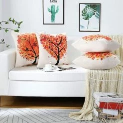 YIENJAOY Lot De 4 Housse De Coussin Orange Arbre Forme De Coeur Lin Carré Doux Abstrait Automne Taie D'oreiller 45x45cm Pour La Décoration De La Maison Canapé Bureau Chambre Décoration -France Coussin et housse de coussin Soldes Boutique 65809562 5