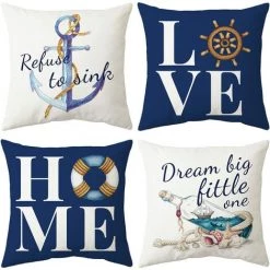 YIENJAOY Lot De 4 Housse De Coussin 45x45cm, Moderne Taies D'oreiller Décoratif Canapé Coussin Canape Pour Chambre, Canapé, Chaise, Lit,Jardin (Maison De La Mer-Velours)