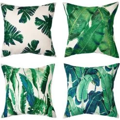 YIENJAOY Housse Coussin 40x40 Vert Feuille Decoration Salon De Jardin Patio Canapé Extérieur Lot De 4 Housses De Coussins En Lin Naturel Durable Motif Imprimé Jungle Tropical Déco Campagne Farmhouse Aesthetic