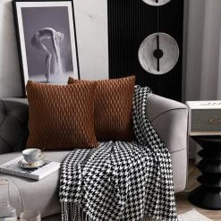 YIENJAOY Light Brown Pillow Cases: 2 Pack 45cmx45cm Original Stripe Velvet Square Decorative Cushion Covers For Bedroom Couch -France Coussin et housse de coussin Soldes Boutique 65809685 2