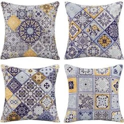 YIENJAOY Housse De Coussin 45x45 Moderne Géométrique Mandala Taie D'oreiller Decoration Coton Et Lin Housse Coussin Bohème Pour Canapé Maison Salon Chambre Décoration D'intérieur Lot De 4 Pièces Bleu Jaune