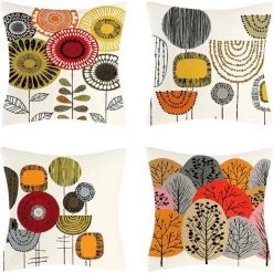 YIENJAOY Housse De Coussin 4 Pièces Dessin Animé Abstrait Fleur Arbre Décoration Taie D'oreiller 45x45cm Doux Carré Plante Ferme Taie D'oreiller Canapé Chambre Salon Décoration