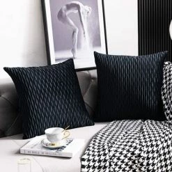 YIENJAOY Housses De Coussin Décoratives à Rayures Noires: Pack De 2 Taies D'oreiller Carrées En Velours Originales De 50 Cm X 50 Cm Pour Canapé De Chambre